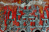 Glass mosaics depicting Buddhist stories lining walls around stupa in Shwe Yaunghwe Kyaung. Buddhist monastery, near Inle Lake. Myanmar. 